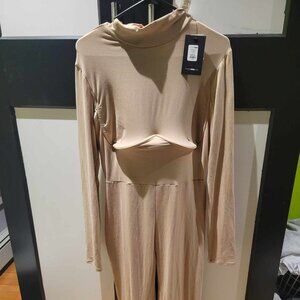 beige jumpsuit with built in bra